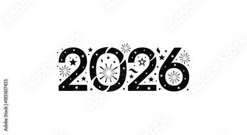 Bold black lettering displays the year 2026 surrounded by celebratory stars and fireworks