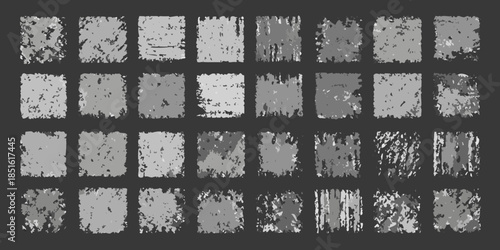 A collection of distressed rectangular grunge textures in grayscale tones