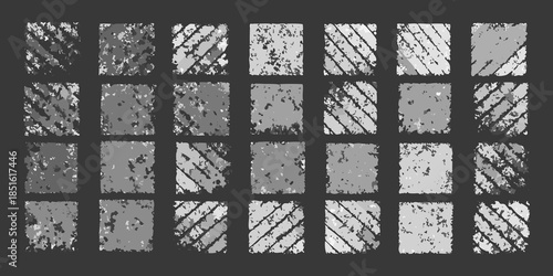 A grid of abstract grayscale squares with diagonal textured patterns