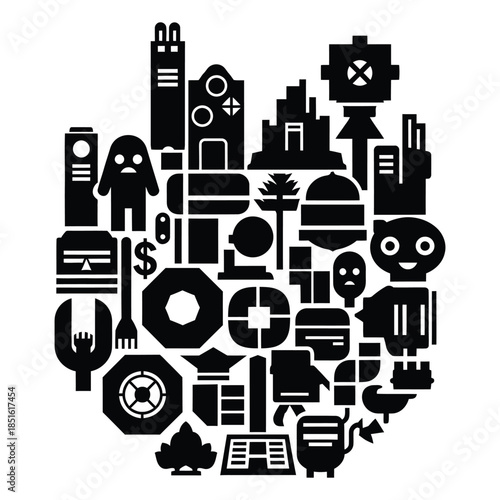 Black and white illustration of various city and food icons