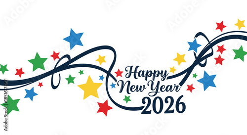 Colorful stars and a swirling ribbon celebrate the upcoming new year of 2026
