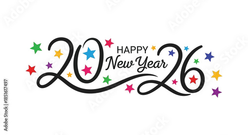 Colorful new year 2026 celebration graphic with stars and festive decorative elements