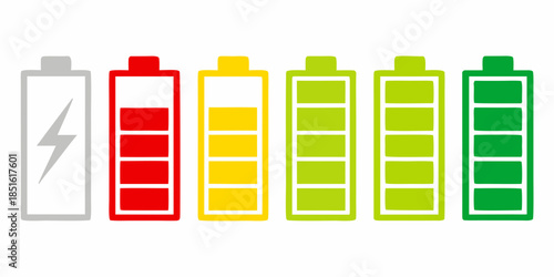 Battery charge levels illustrated with a series of colorful battery icons
