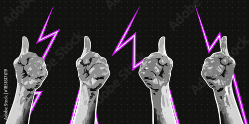 Four hands raised with pointing fingers and vibrant pink lightning bolts