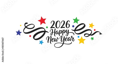 Festive new year design featuring the year 2026 stars swirls and cheerful handwritten typography