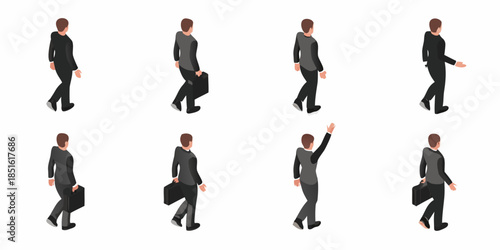 Isometric illustrations of businessmen in various walking poses and gestures