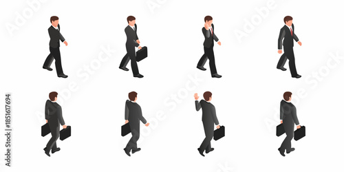 Isometric businessmen walking in different poses with briefcases isolated on white
