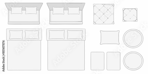 Top down view of furniture arrangement including beds sofas and tables