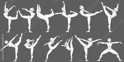Dynamic poses of a female figure in various acrobatic and stretching positions