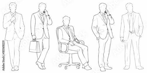 Line art illustration of men in suits depicting various poses and business attire