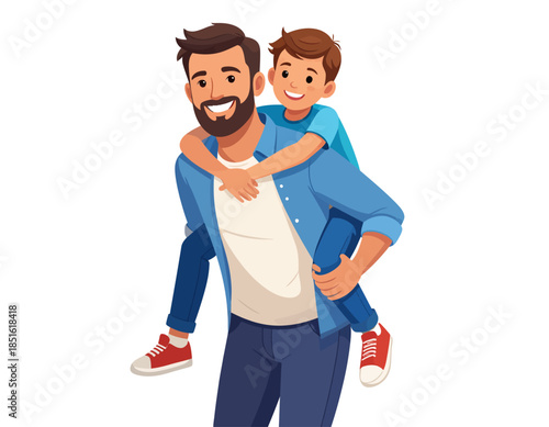Flat Vector Father Giving Piggyback Ride to Child Family Parenting Concept on White