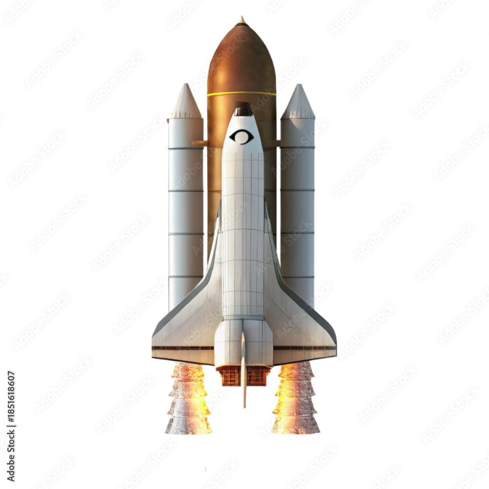 Naklejka premium Space shuttle launching with fiery engine thrust concept. Rocket launch with powerful engines igniting for exploration.