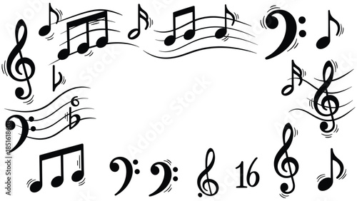 Dynamic musical notation with a variety of notes and clefs arranged in a circular pattern