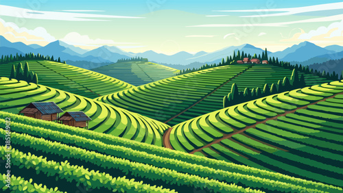 Rolling green hills dotted with quaint farmhouses and lush tea plantations under a serene sky, capturing the essence of rural serenity and agricultural beauty