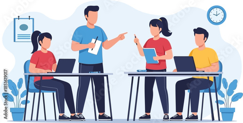 Business Team Meeting and Collaboration at Office Desks with Laptops