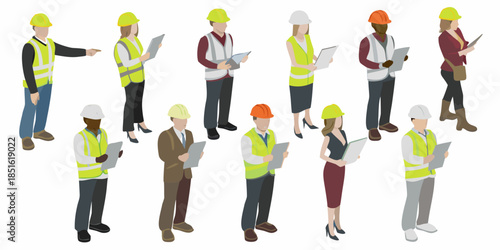 Diverse group of construction workers and professionals reviewing plans together