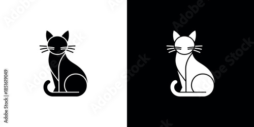 A split image featuring a black cat on white and a white cat on black
