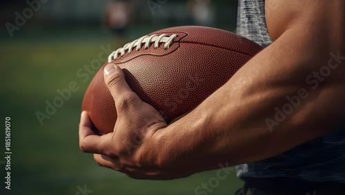 Close-up shot of a muscular arm holding an American football.