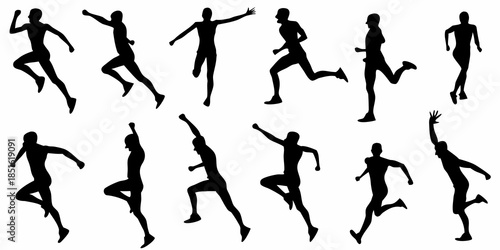 Silhouettes of people in various dynamic running and jumping poses