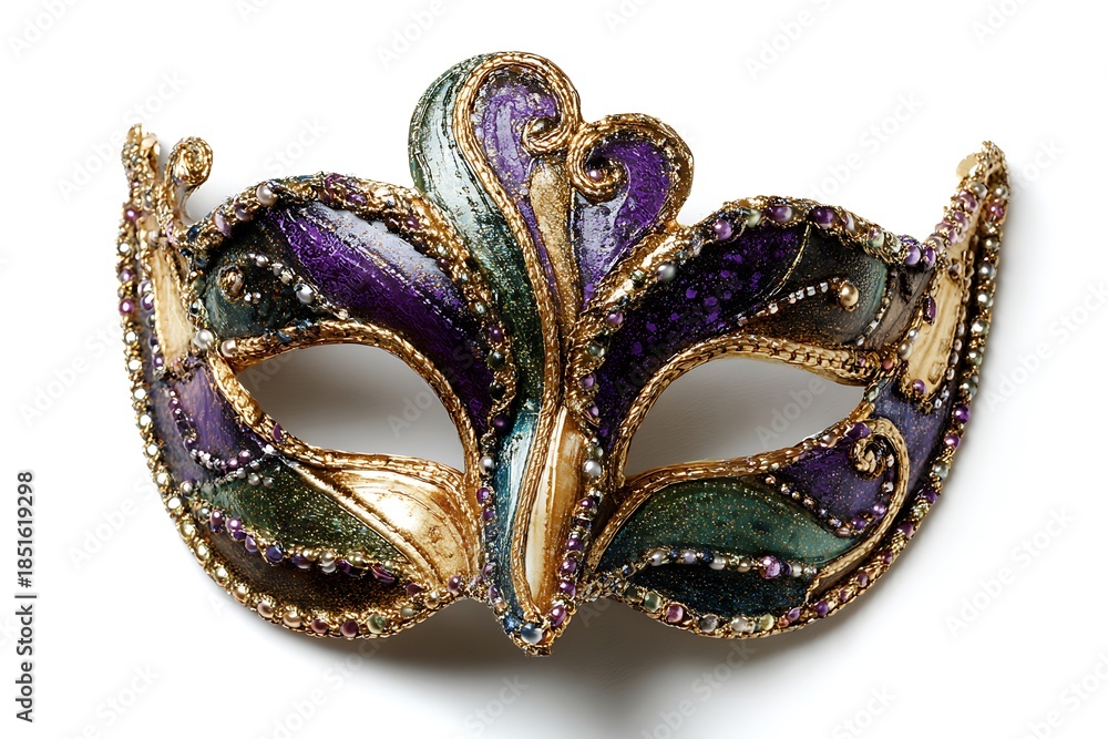 Fototapeta premium Ornate Mardi Gras mask. Festive carnival accessory for celebration. Traditional Venetian style mask with glitter and beads.