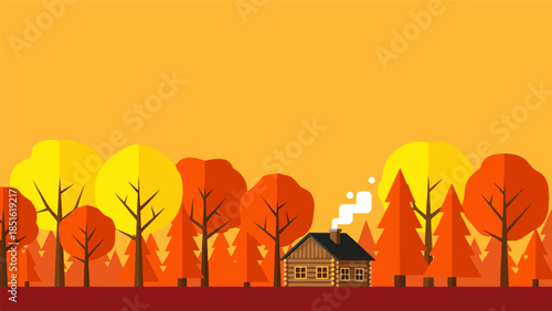 Cozy Wooden Cabin Nestled Amongst Vibrant Autumn Trees Under a Warm, Sunny Sky