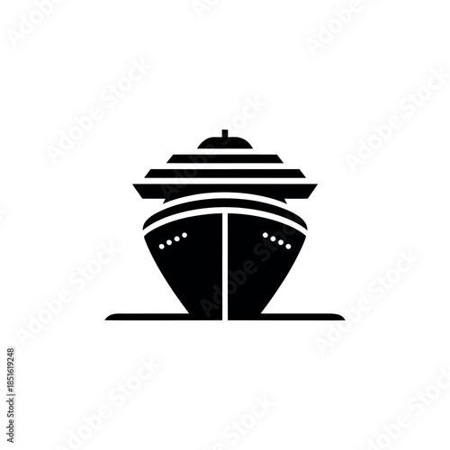 A striking black silhouette of a large cruise ship viewed from the front
