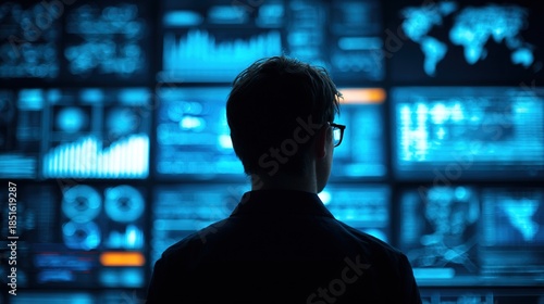 A person monitoring complex data and global operations on multiple screens in a control room