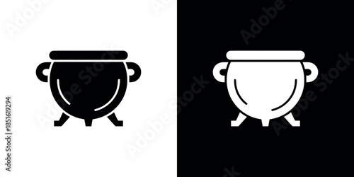 A simple illustration showing a black and white cauldron design side by side