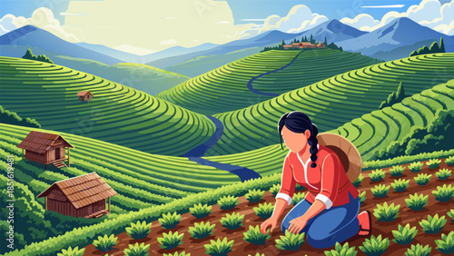 Farmer tending to crops in a verdant, rolling landscape under a bright sky with distant structures