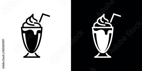 Black and white illustration of a milkshake with whipped cream and straw