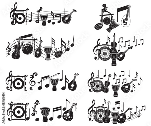 Creative collection of musical icons featuring instruments and sound symbols in black silhouette