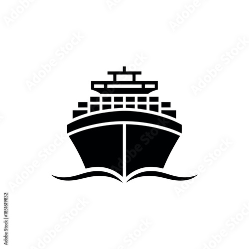 A simple black and white illustration of a large passenger ship at sea