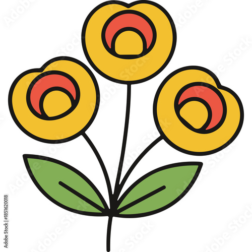 Retro Yellow Flower Illustration with Red Centers and Green Leaves