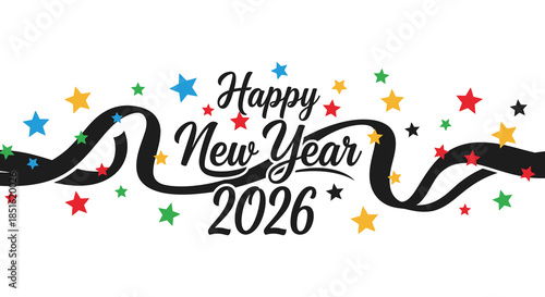 Festive new year celebration illustration with colorful stars and a swirling ribbon design for 2026