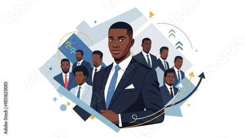 Diverse business team with confident african american leader and rising graph elements