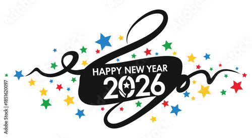 Festive new year celebration design featuring colorful stars ribbons and the year 2026