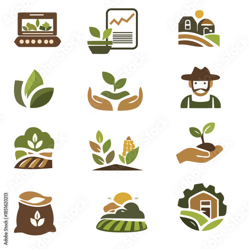 Agriculture and smart farming icon set. Vector flat symbols of organic crops, livestock, drones, and sustainable gardening tools for modern agribusiness branding