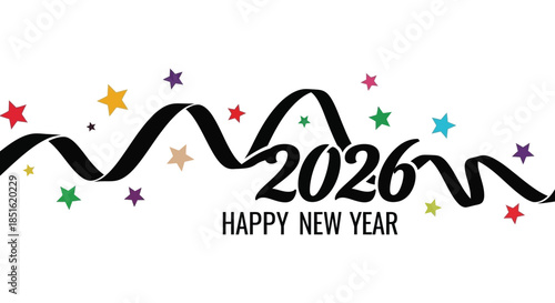 Festive new year design featuring a ribbon stars and the year 2026 with greetings