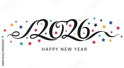 Elegant calligraphy design showcasing the year 2026 with festive stars and a new year greeting