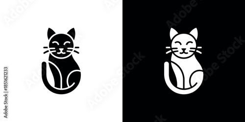 A minimalist illustration of a cat face shown in both black and white versions