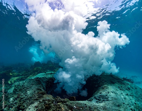 Underwater view of white, cloud-like release from a dark opening