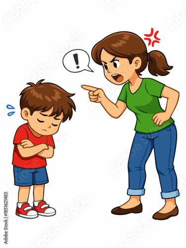 Cartoon illustration of an angry mother scolding her child.