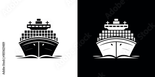 A stark black and white illustration of a large container ship at sea