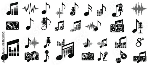 Collection of musical sound icons and audio symbols in black and white design for audio technology