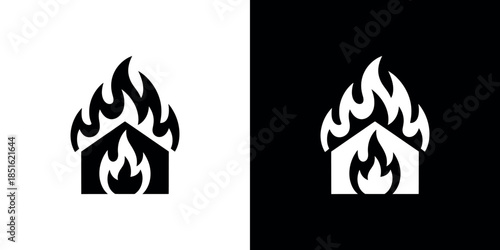 A house engulfed in flames depicted in contrasting black and white designs