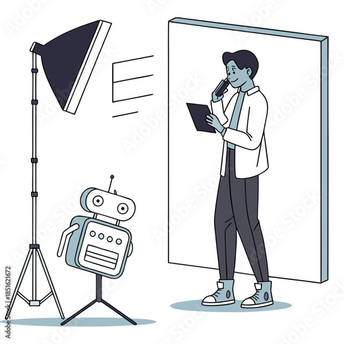 Man and robot in a studio setting with lighting equipment discussing a project.