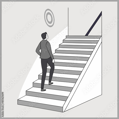 Man climbing stairs towards a target symbolizing career progression and ambition.