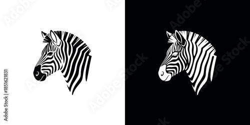 Zebra head illustration shown in contrasting white and black backgrounds