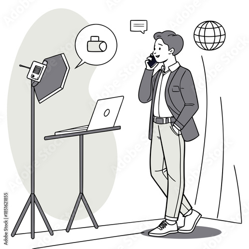 Man on phone in studio with laptop and lighting equipment.