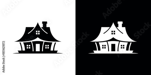 Simple black and white illustration of a charming fairytale house design